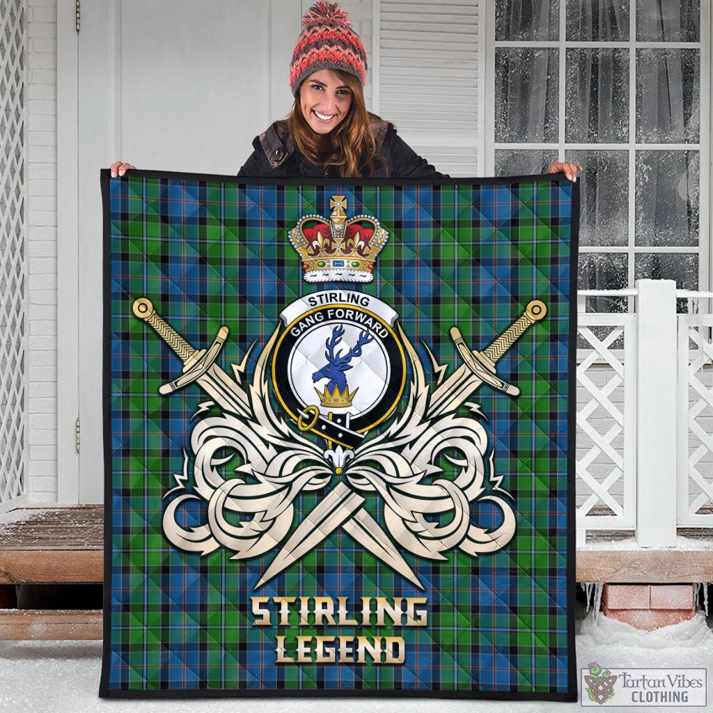 Tartan Vibes Clothing Stirling Tartan Quilt with Clan Crest and the Golden Sword of Courageous Legacy