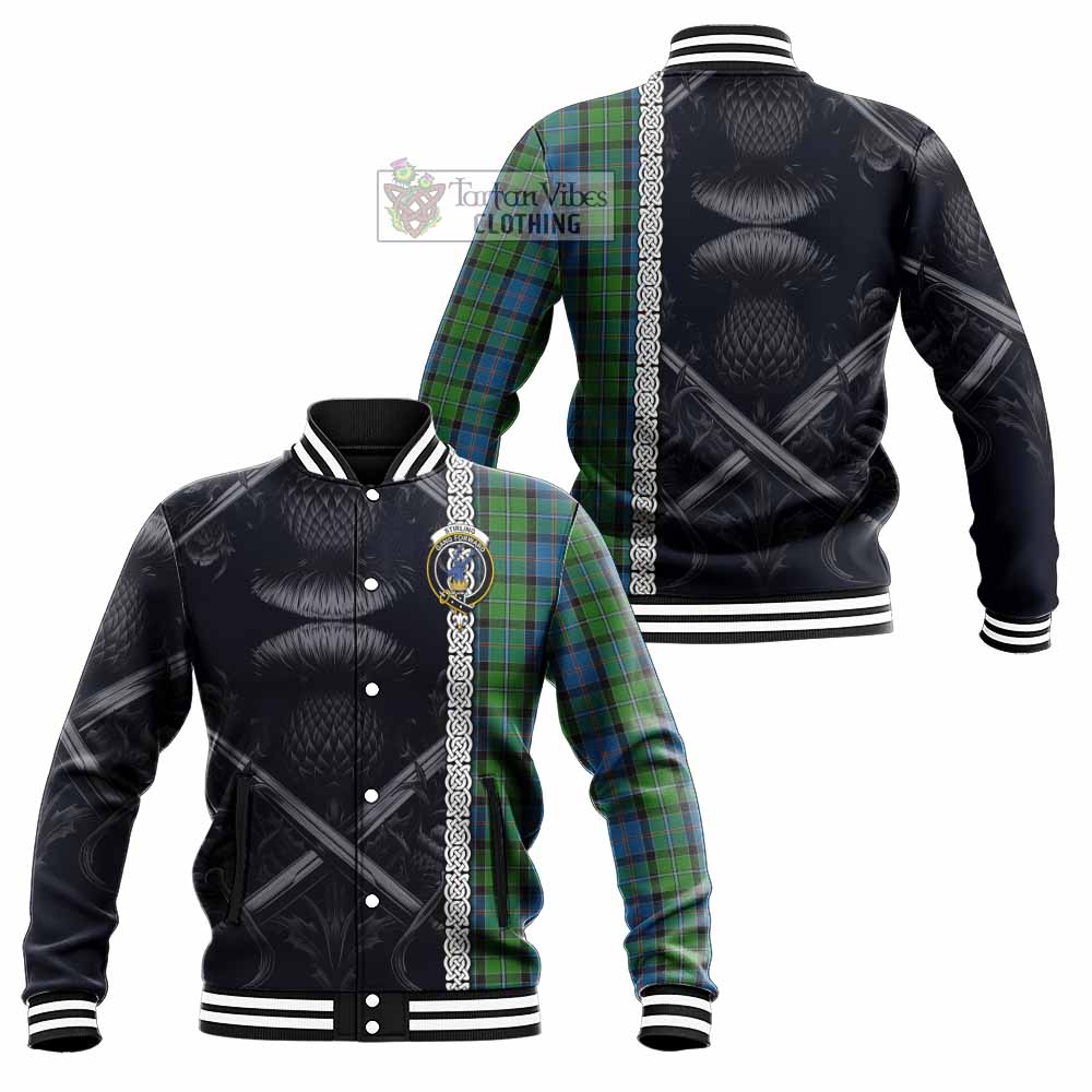Tartan Vibes Clothing Stirling Tartan Baseball Jacket with Family Crest Cross Sword Thistle Celtic Vibes