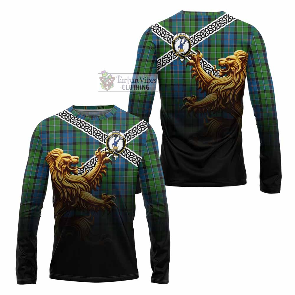 Tartan Vibes Clothing Stirling Crest Tartan Long Sleeve T-Shirt with Golden Lion Emblem Celtic Style