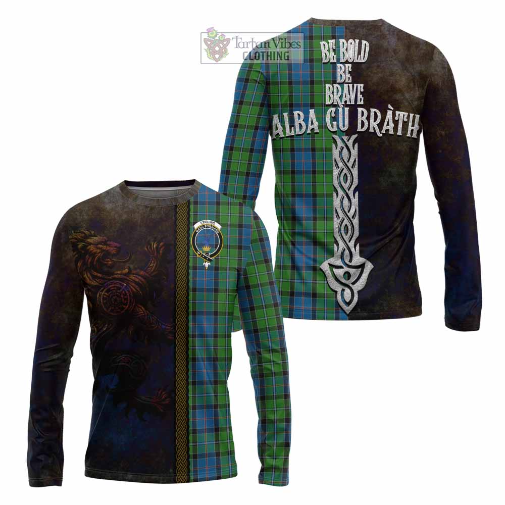 Tartan Vibes Clothing Stirling Tartan Family Crest Long Sleeve T-Shirt Alba Gu Brath Be Brave Lion Ancient Style