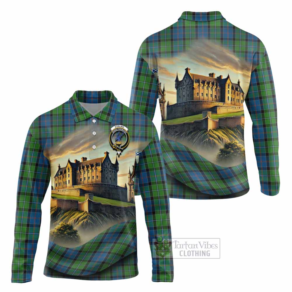 Tartan Vibes Clothing Stirling Tartan Family Crest Long Sleeve Polo Shirt with Scottish Ancient Castle Style