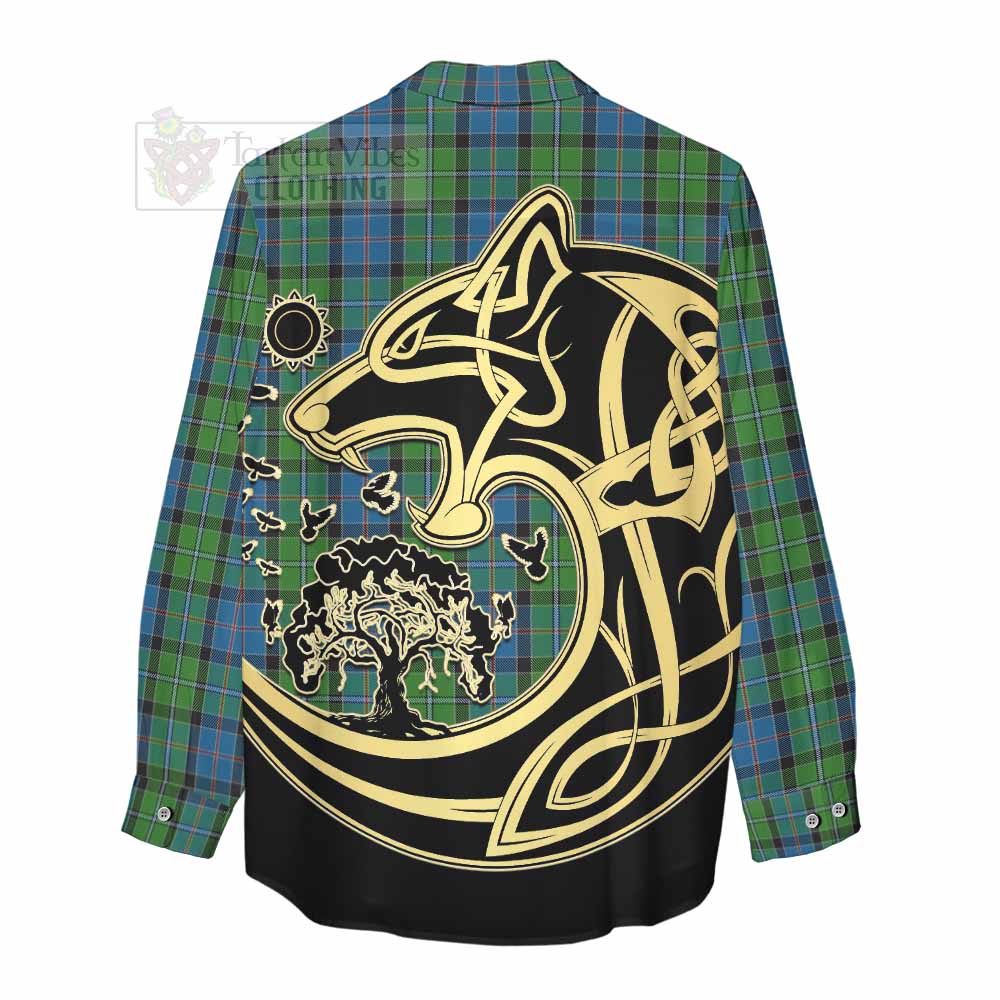 Tartan Vibes Clothing Stirling Tartan Women's Casual Shirt with Family Crest Celtic Wolf Style