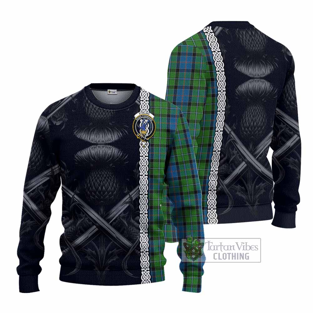 Tartan Vibes Clothing Stirling Tartan Knitted Sweater with Family Crest Cross Sword Thistle Celtic Vibes