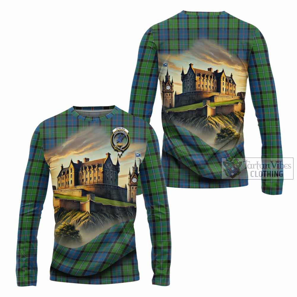 Tartan Vibes Clothing Stirling Tartan Family Crest Long Sleeve T-Shirt with Scottish Ancient Castle Style