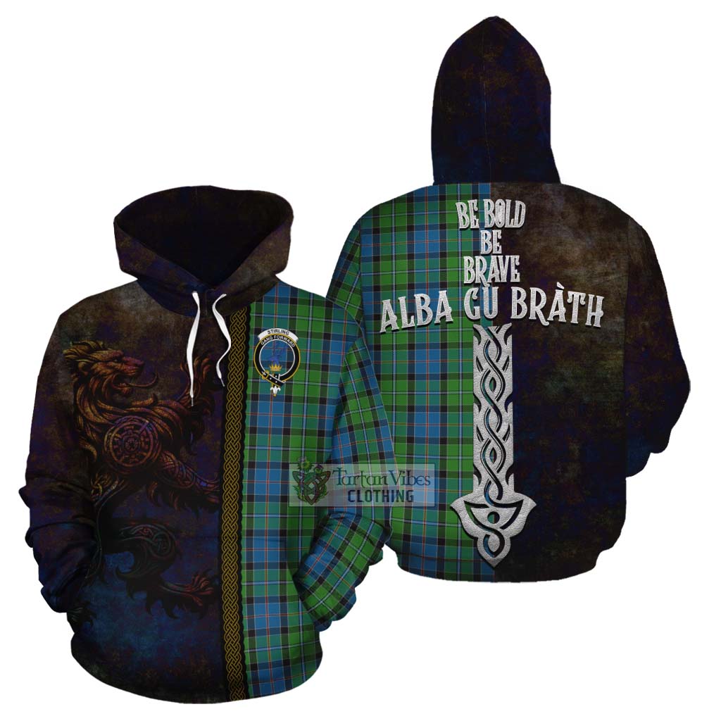 Tartan Vibes Clothing Stirling Tartan Family Crest Cotton Hoodie Alba Gu Brath Be Brave Lion Ancient Style