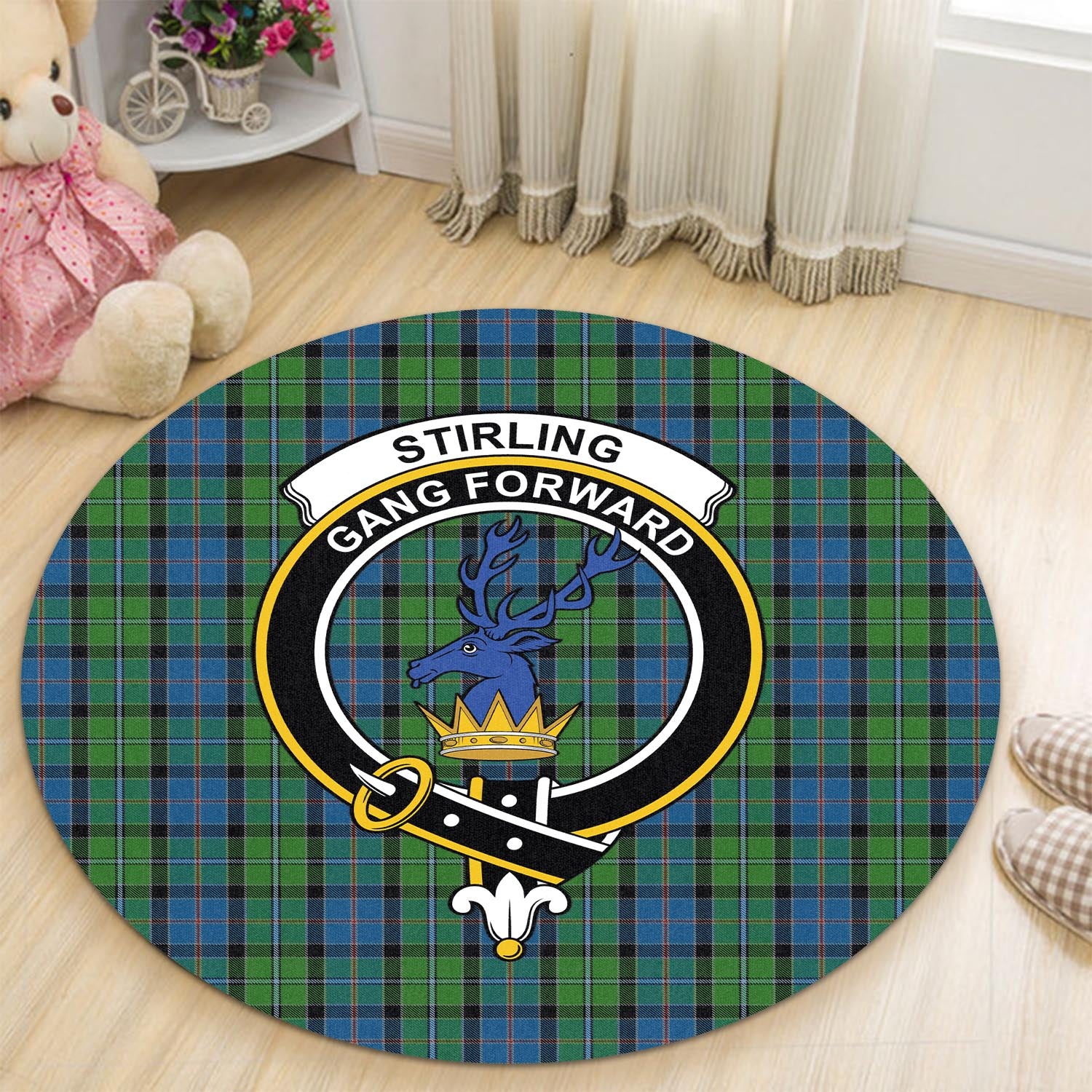 stirling-tartan-round-rug-with-family-crest