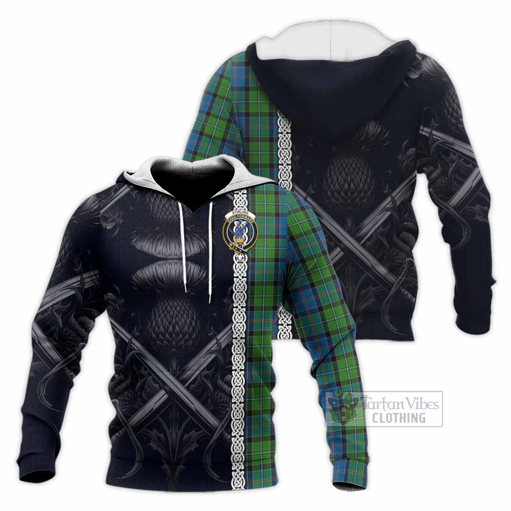 Tartan Vibes Clothing Stirling Tartan Knitted Hoodie with Family Crest Cross Sword Thistle Celtic Vibes