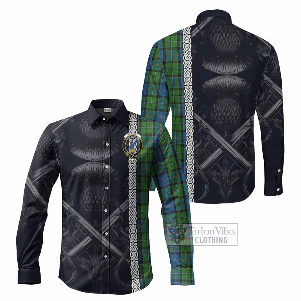 Tartan Vibes Clothing Stirling Tartan Long Sleeve Button Shirt with Family Crest Cross Sword Thistle Celtic Vibes