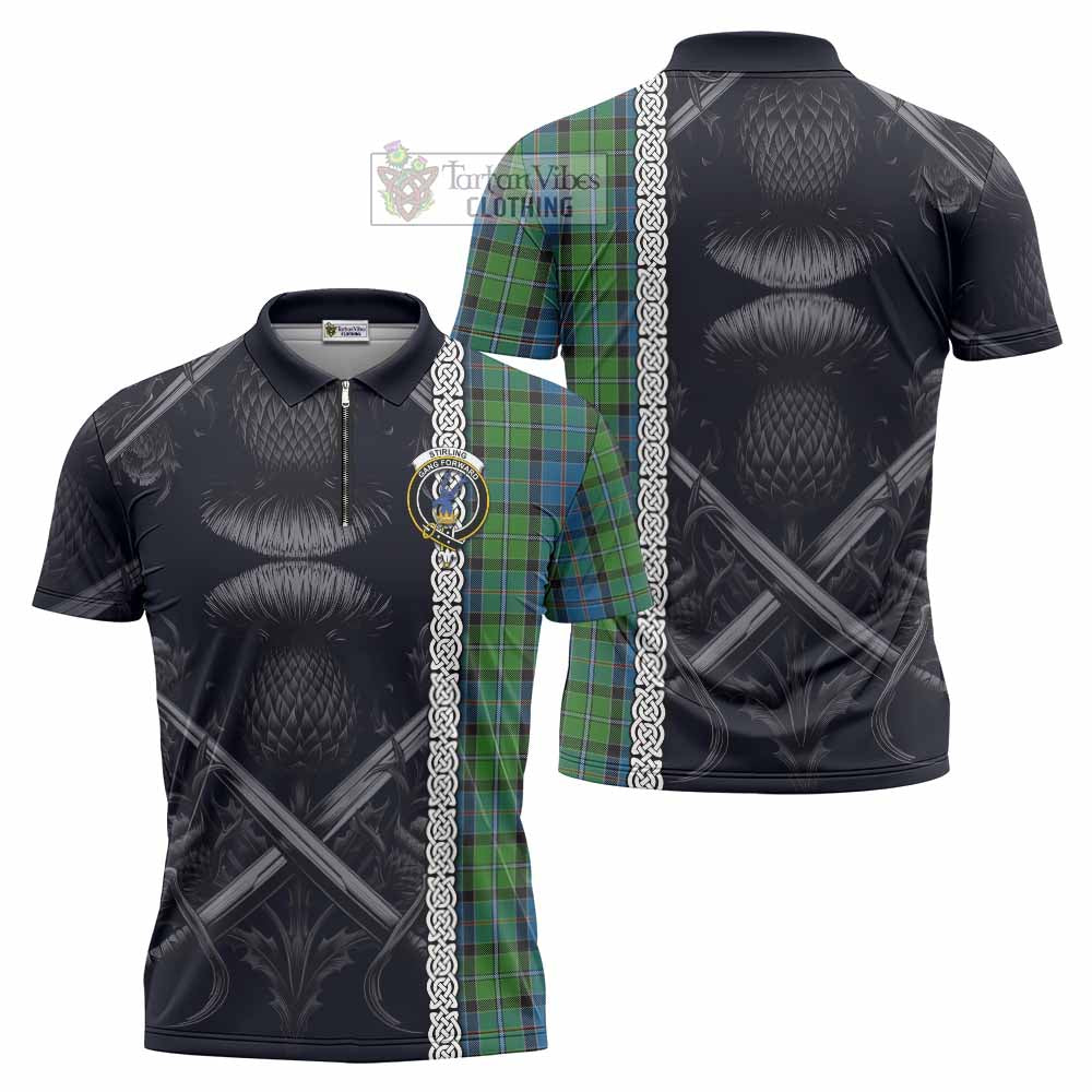 Tartan Vibes Clothing Stirling Tartan Zipper Polo Shirt with Family Crest Cross Sword Thistle Celtic Vibes