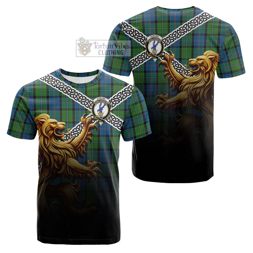 Tartan Vibes Clothing Stirling Crest Tartan Cotton T-shirt with Golden Lion Emblem Celtic Style