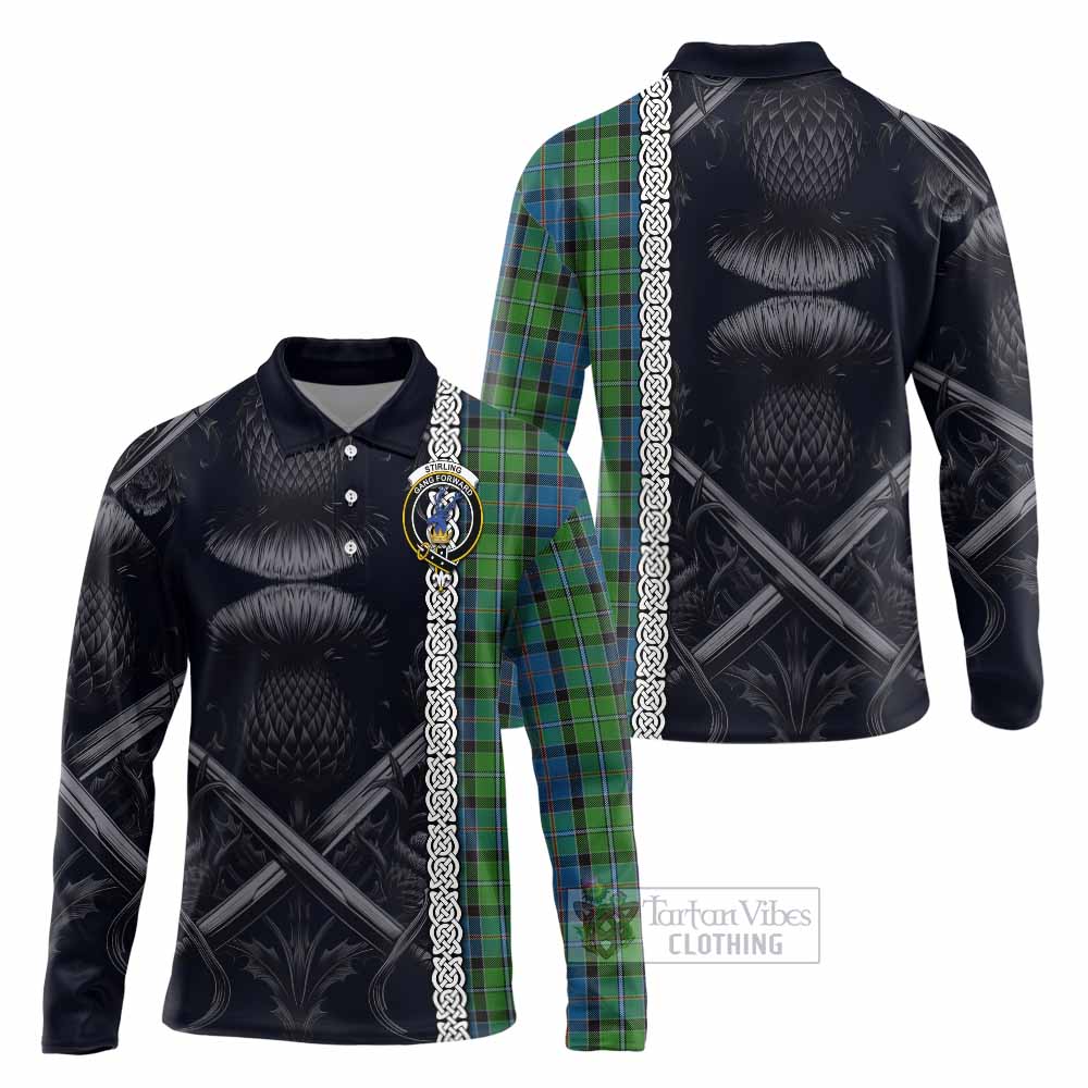 Tartan Vibes Clothing Stirling Tartan Long Sleeve Polo Shirt with Family Crest Cross Sword Thistle Celtic Vibes