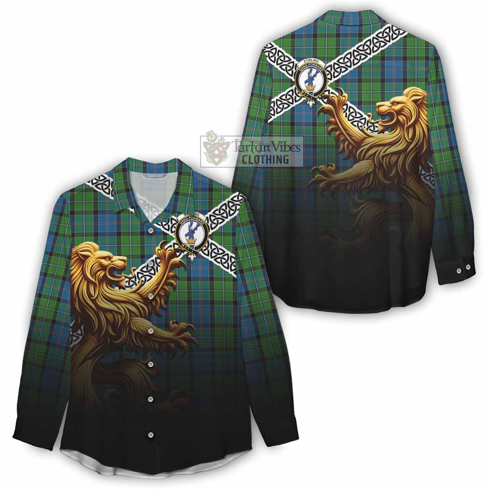 Tartan Vibes Clothing Stirling Crest Tartan Women's Casual Shirt with Golden Lion Emblem Celtic Style