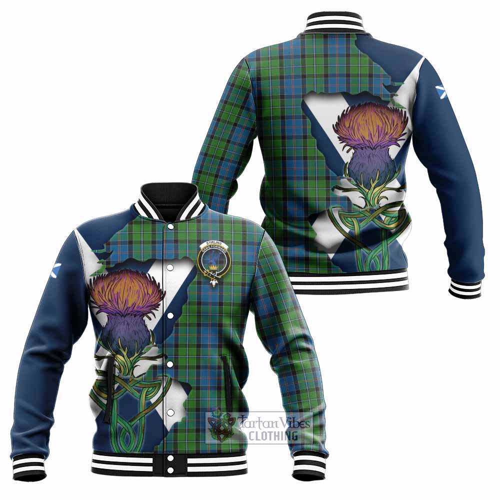 Tartan Vibes Clothing Stirling Tartan Family Crest Baseball Jacket Scottish Thistle Celtic Inspired