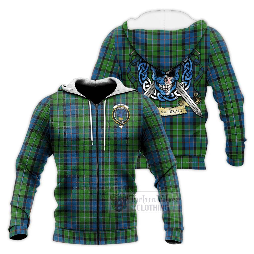 Tartan Vibes Clothing Stirling Tartan Knitted Hoodie with Family Crest Celtic Skull Style