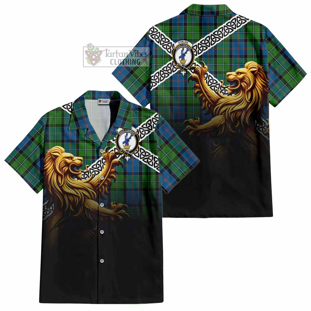 Tartan Vibes Clothing Stirling Crest Tartan Short Sleeve Button Shirt with Golden Lion Emblem Celtic Style