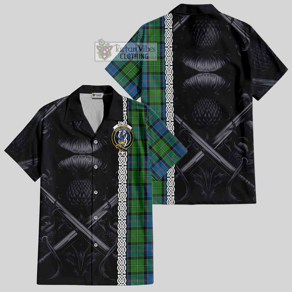 Tartan Vibes Clothing Stirling Tartan Short Sleeve Button Shirt with Family Crest Cross Sword Thistle Celtic Vibes