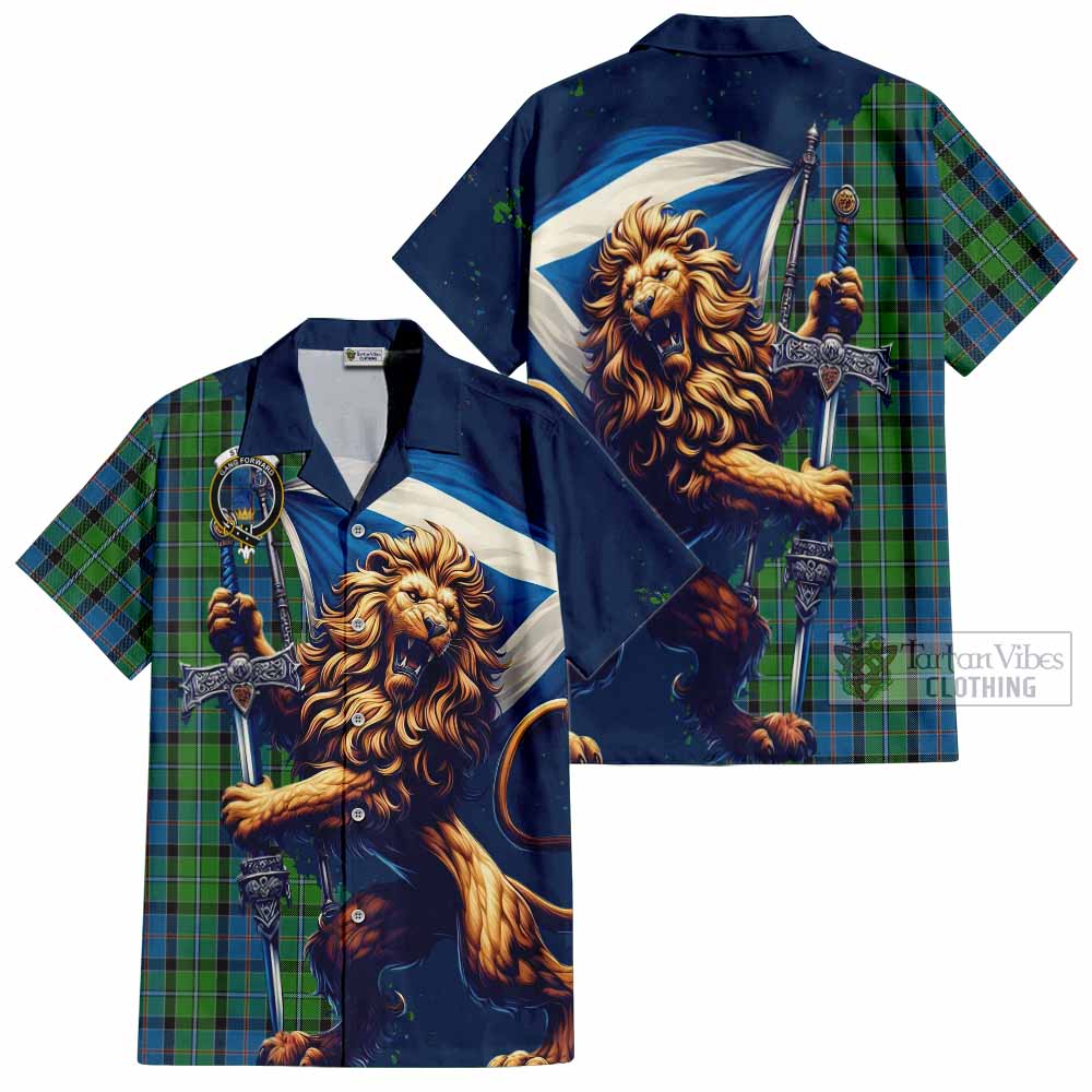 Tartan Vibes Clothing Stirling Tartan Family Crest Short Sleeve Button Shirt with Scottish Majestic Lion