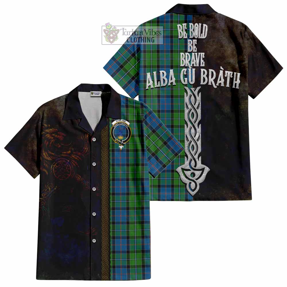 Tartan Vibes Clothing Stirling Tartan Family Crest Short Sleeve Button Shirt Alba Gu Brath Be Brave Lion Ancient Style