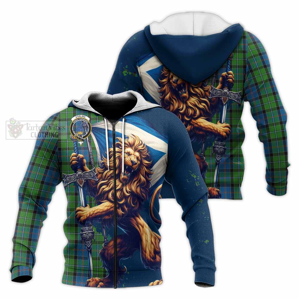 Tartan Vibes Clothing Stirling Tartan Family Crest Knitted Hoodie with Scottish Majestic Lion