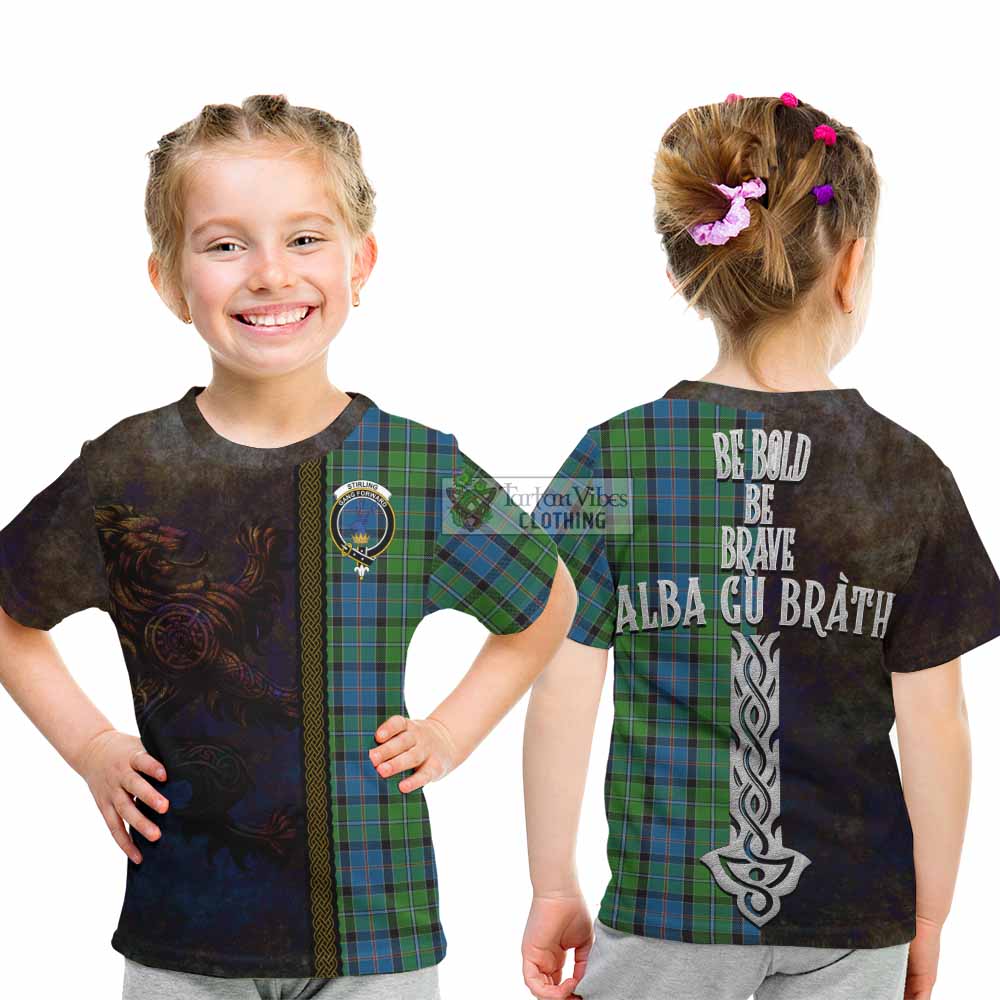 Tartan Vibes Clothing Stirling Tartan Family Crest Kid T-Shirt Alba Gu Brath Be Brave Lion Ancient Style