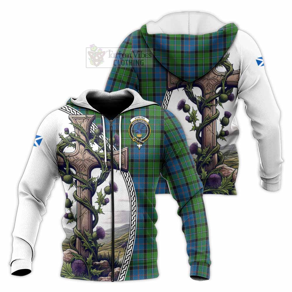Tartan Vibes Clothing Stirling Tartan Knitted Hoodie with Family Crest and St. Andrew's Cross Accented by Thistle Vines