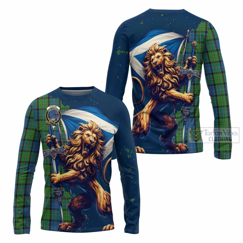 Tartan Vibes Clothing Stirling Tartan Family Crest Long Sleeve T-Shirt with Scottish Majestic Lion