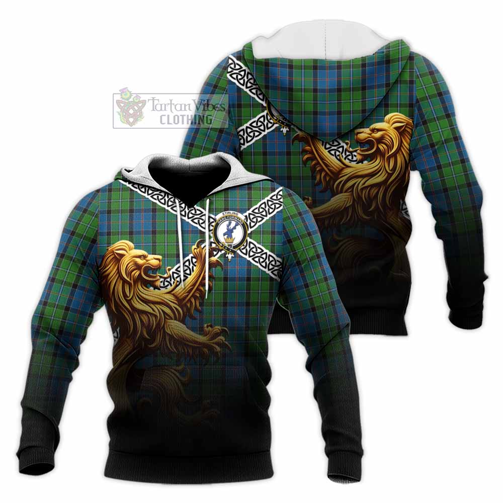 Tartan Vibes Clothing Stirling Crest Tartan Knitted Hoodie with Golden Lion Emblem Celtic Style