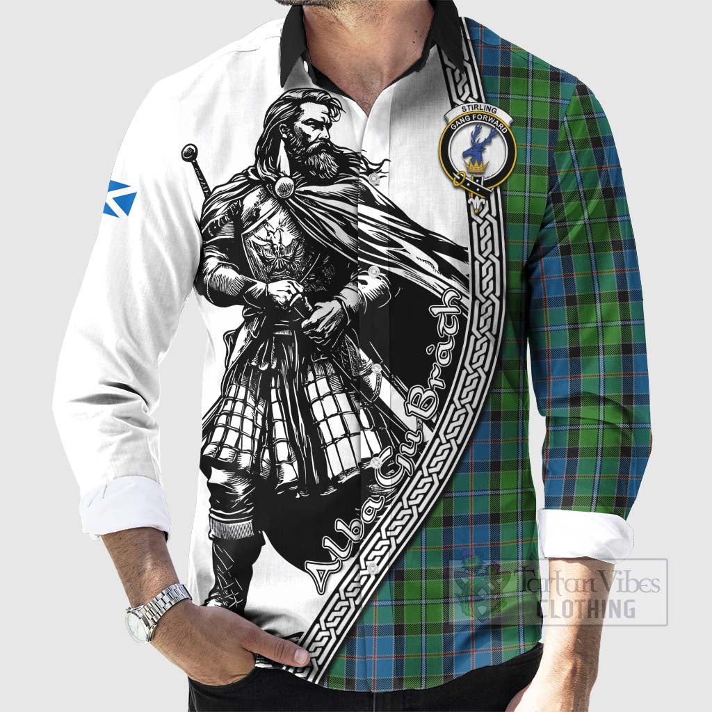 Tartan Vibes Clothing Stirling Tartan Clan Crest Long Sleeve Button Shirt with Highlander Warrior Celtic Style