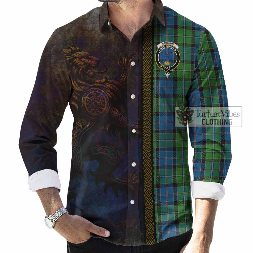 Tartan Vibes Clothing Stirling Tartan Family Crest Long Sleeve Button Shirt Alba Gu Brath Be Brave Lion Ancient Style