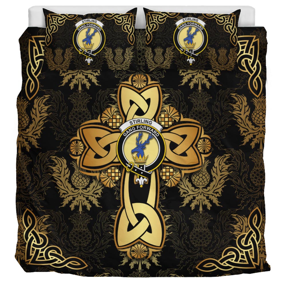 Stirling Clan Bedding Sets Gold Thistle Celtic Style - Tartanvibesclothing