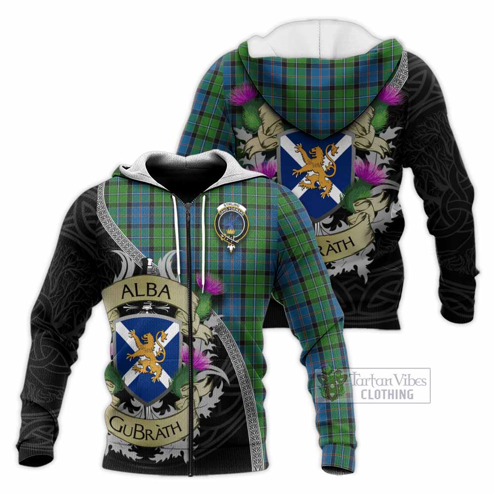 Tartan Vibes Clothing Stirling Tartan Family Crest Knitted Hoodie Lion Rampant Royal Thistle Shield Celtic Inspired