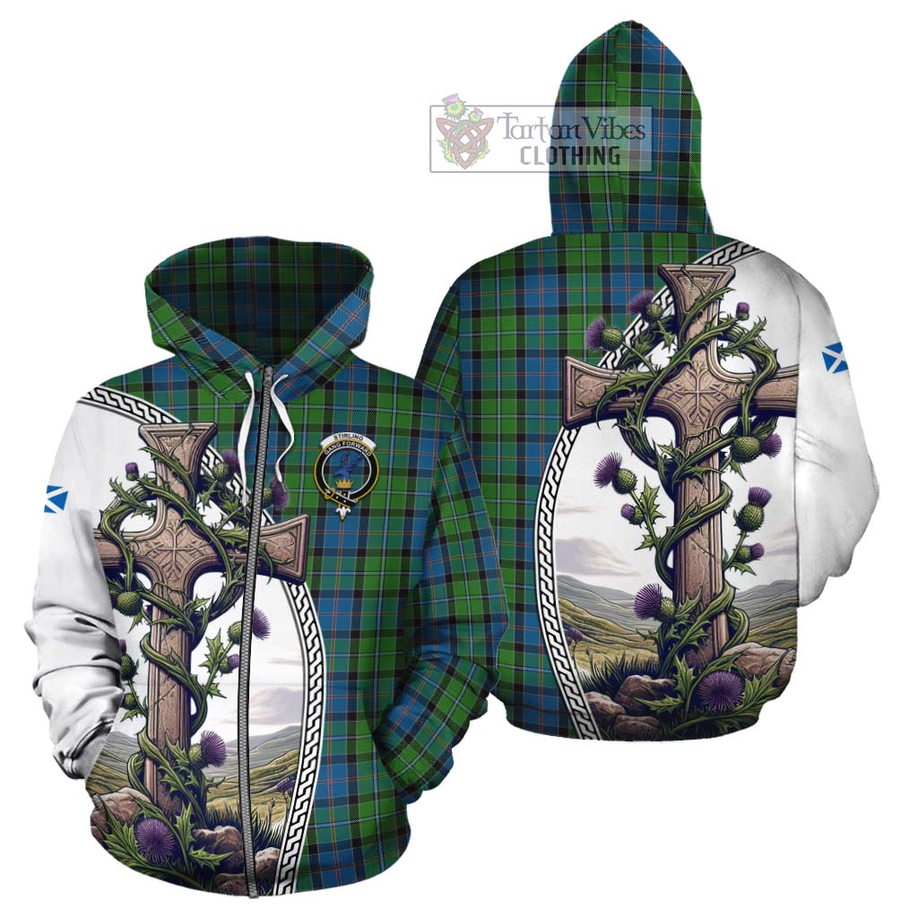 Tartan Vibes Clothing Stirling Tartan Cotton Hoodie with Family Crest and St. Andrew's Cross Accented by Thistle Vines