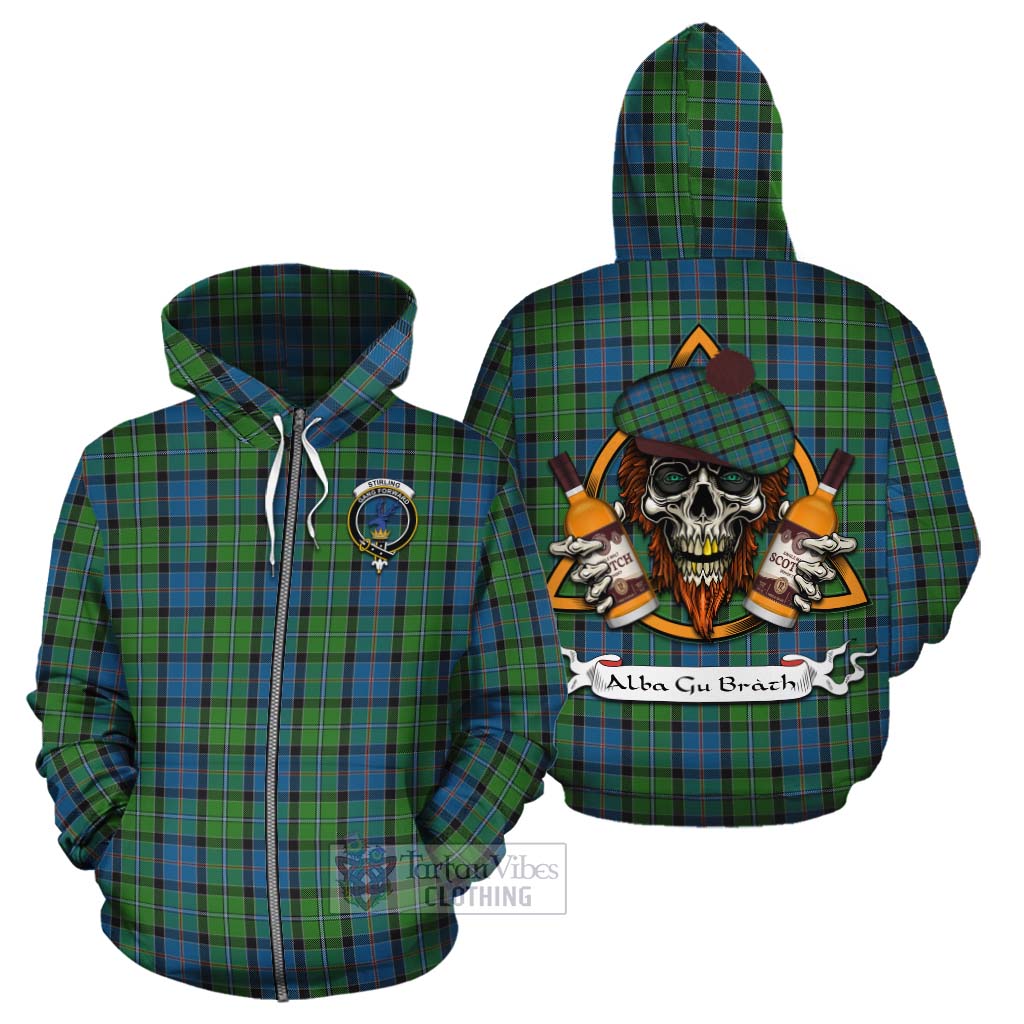 Tartan Vibes Clothing Stirling Tartan Cotton Hoodie with Family Crest and Bearded Skull Holding Bottles of Whiskey