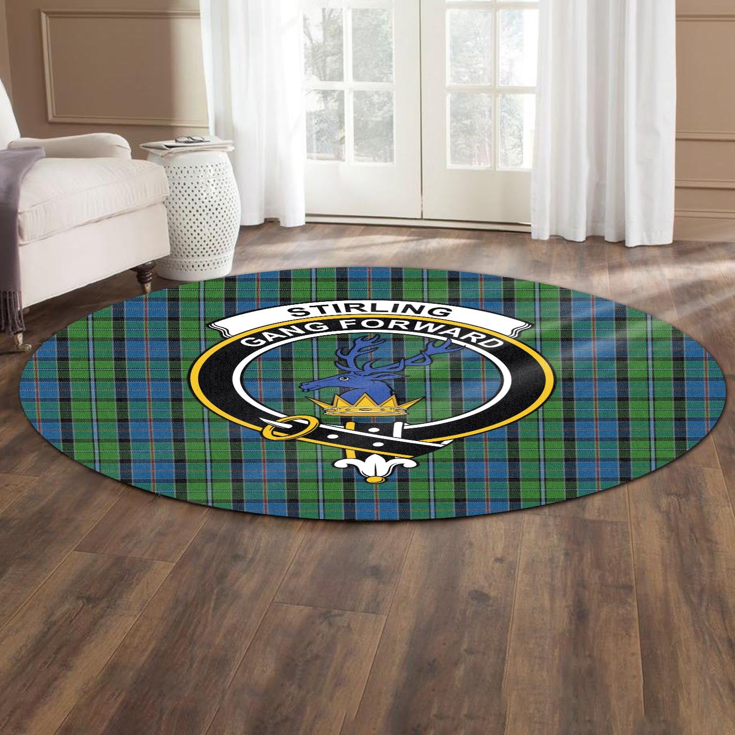 stirling-tartan-round-rug-with-family-crest