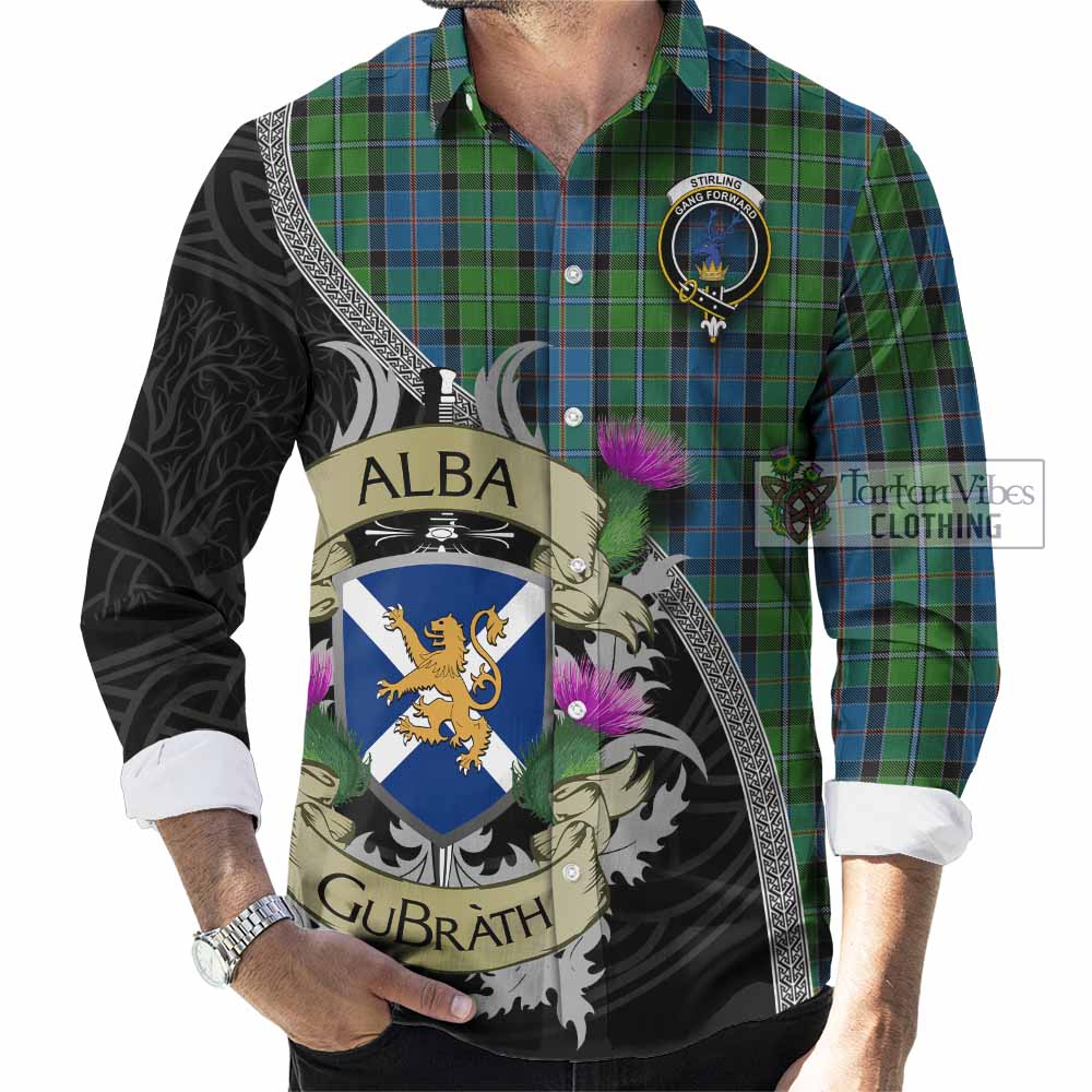 Tartan Vibes Clothing Stirling Tartan Family Crest Long Sleeve Button Shirt Lion Rampant Royal Thistle Shield Celtic Inspired