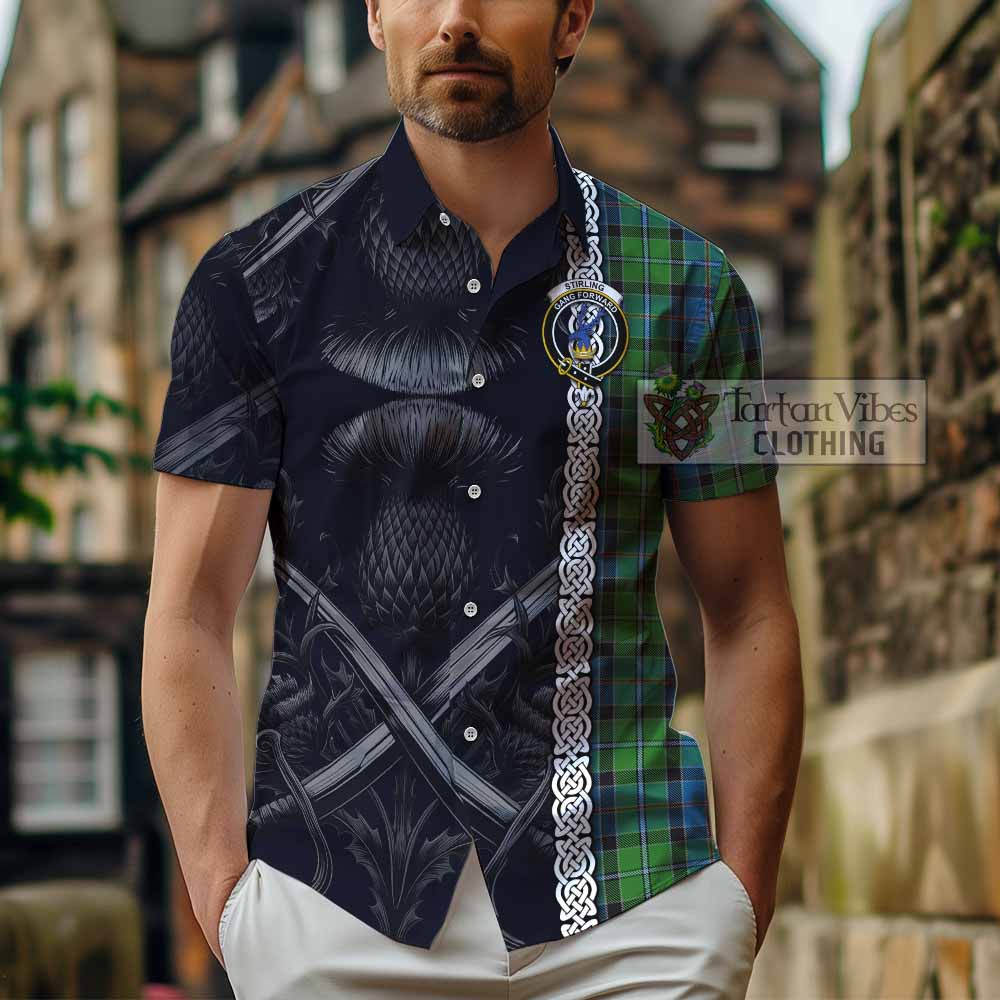 Tartan Vibes Clothing Stirling Tartan Short Sleeve Button Shirt with Family Crest Cross Sword Thistle Celtic Vibes