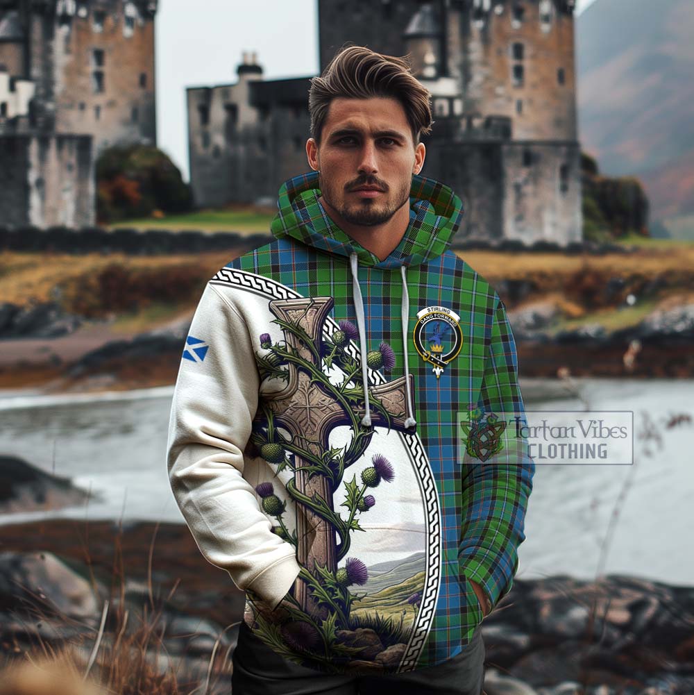 Tartan Vibes Clothing Stirling Tartan Cotton Hoodie with Family Crest and St. Andrew's Cross Accented by Thistle Vines