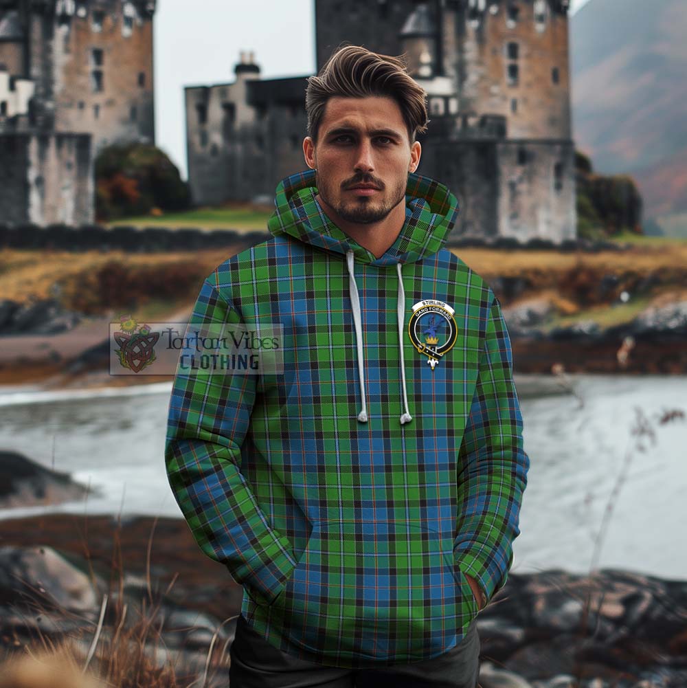 Tartan Vibes Clothing Stirling Tartan Cotton Hoodie with Family Crest and Bearded Skull Holding Bottles of Whiskey