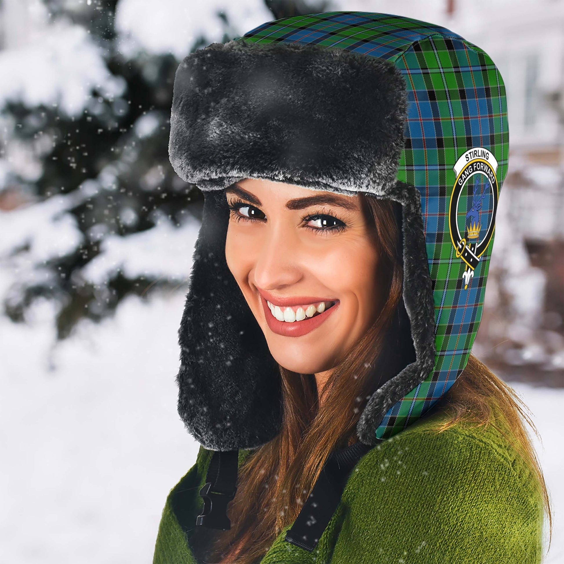 Stirling Tartan Winter Trapper Hat with Family Crest - Tartanvibesclothing