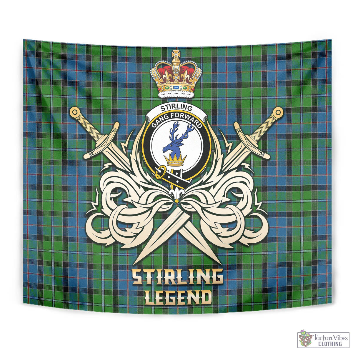 Tartan Vibes Clothing Stirling Tartan Tapestry with Clan Crest and the Golden Sword of Courageous Legacy
