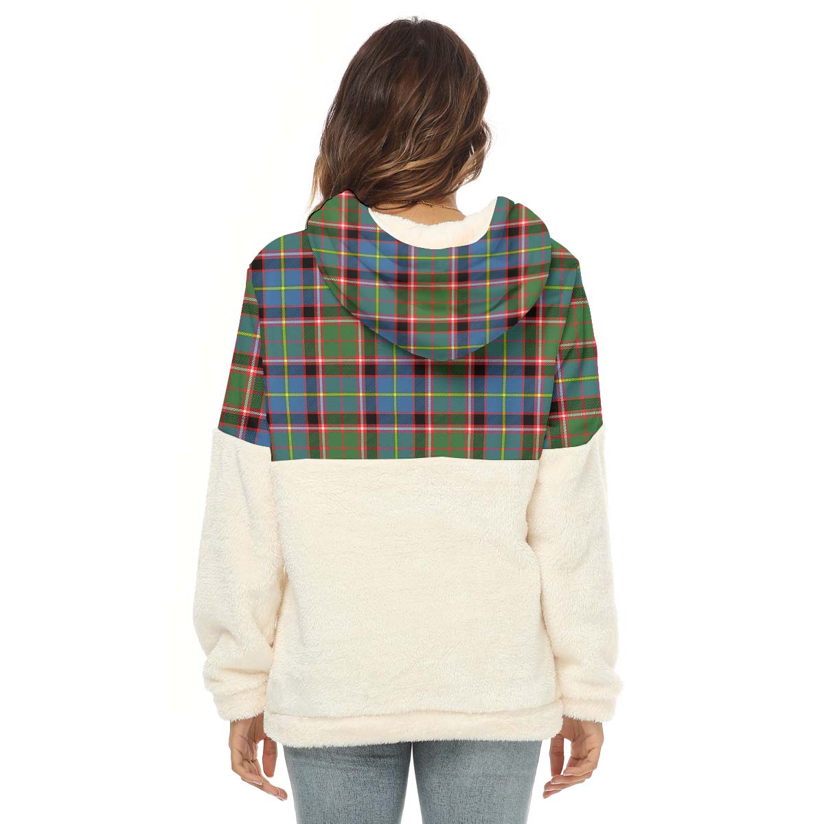 stirling-bannockburn-tartan-womens-borg-fleece-hoodie-with-half-zip-with-family-crest