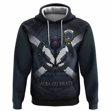 Stirling Clan Crest Hoodie with Celtic Knot Thistle and Saltire