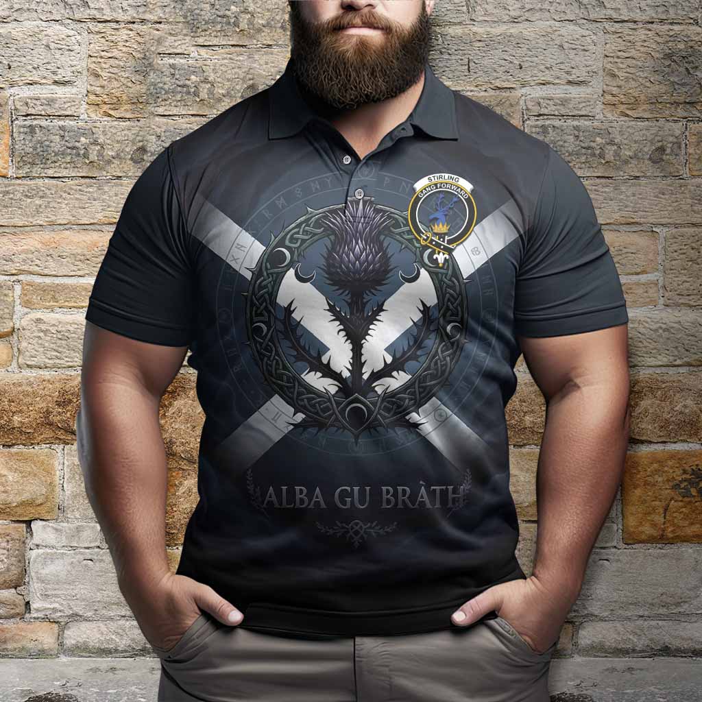 Stirling Clan Crest Polo Shirt with Celtic Knot Thistle and Saltire