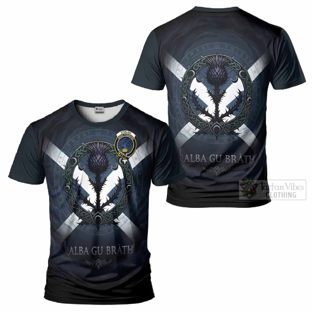 Stirling Clan Crest T-Shirt with Celtic Knot Thistle and Saltire