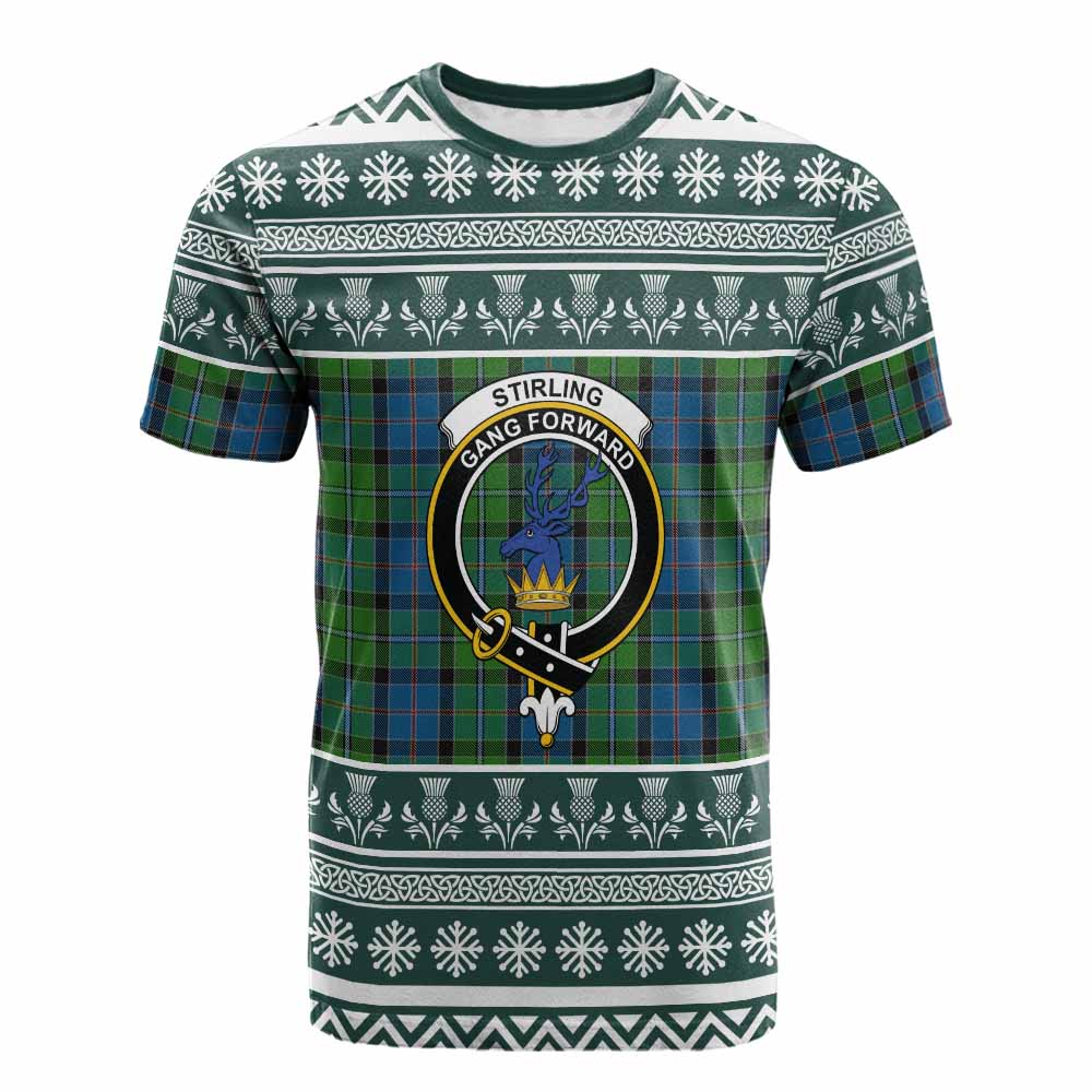 Stirling Clan Tartan Christmas Cotton T-shirt with Family Crest - Tartan Vibes Clothing