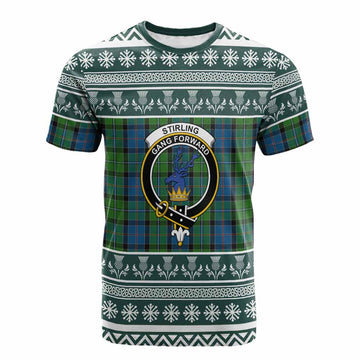 Stirling Clan Tartan Christmas Cotton T-shirt with Family Crest - Tartan Vibes Clothing