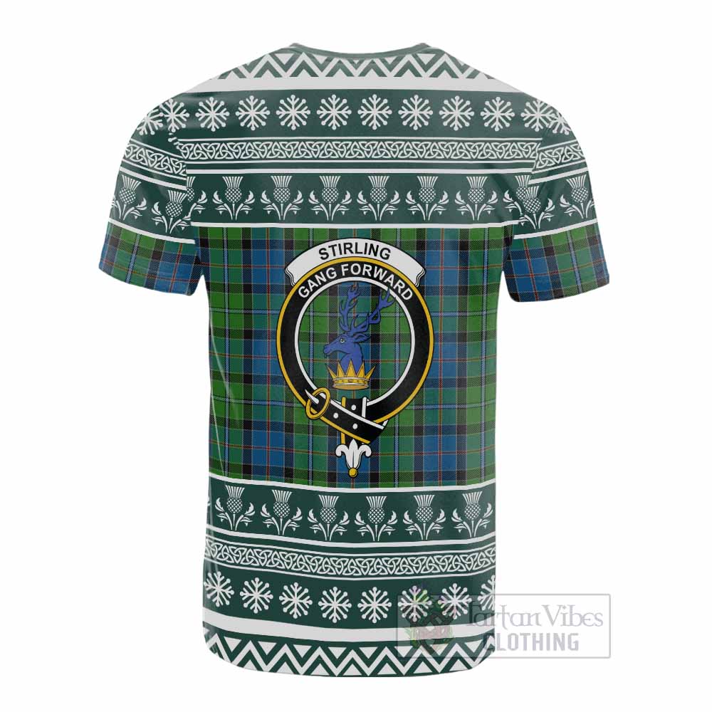 Stirling Clan Tartan Christmas Cotton T-shirt with Family Crest - Tartan Vibes Clothing