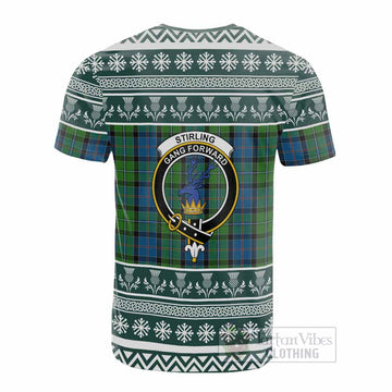 Stirling Clan Tartan Christmas Cotton T-shirt with Family Crest - Tartan Vibes Clothing
