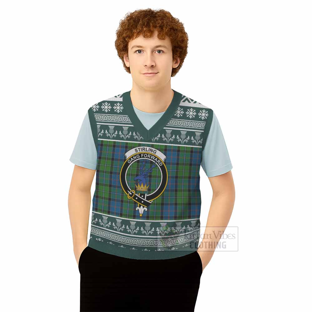 Stirling Clan Tartan Christmas Knitted V-Neck Vest with Family Crest - Tartan Vibes Clothing