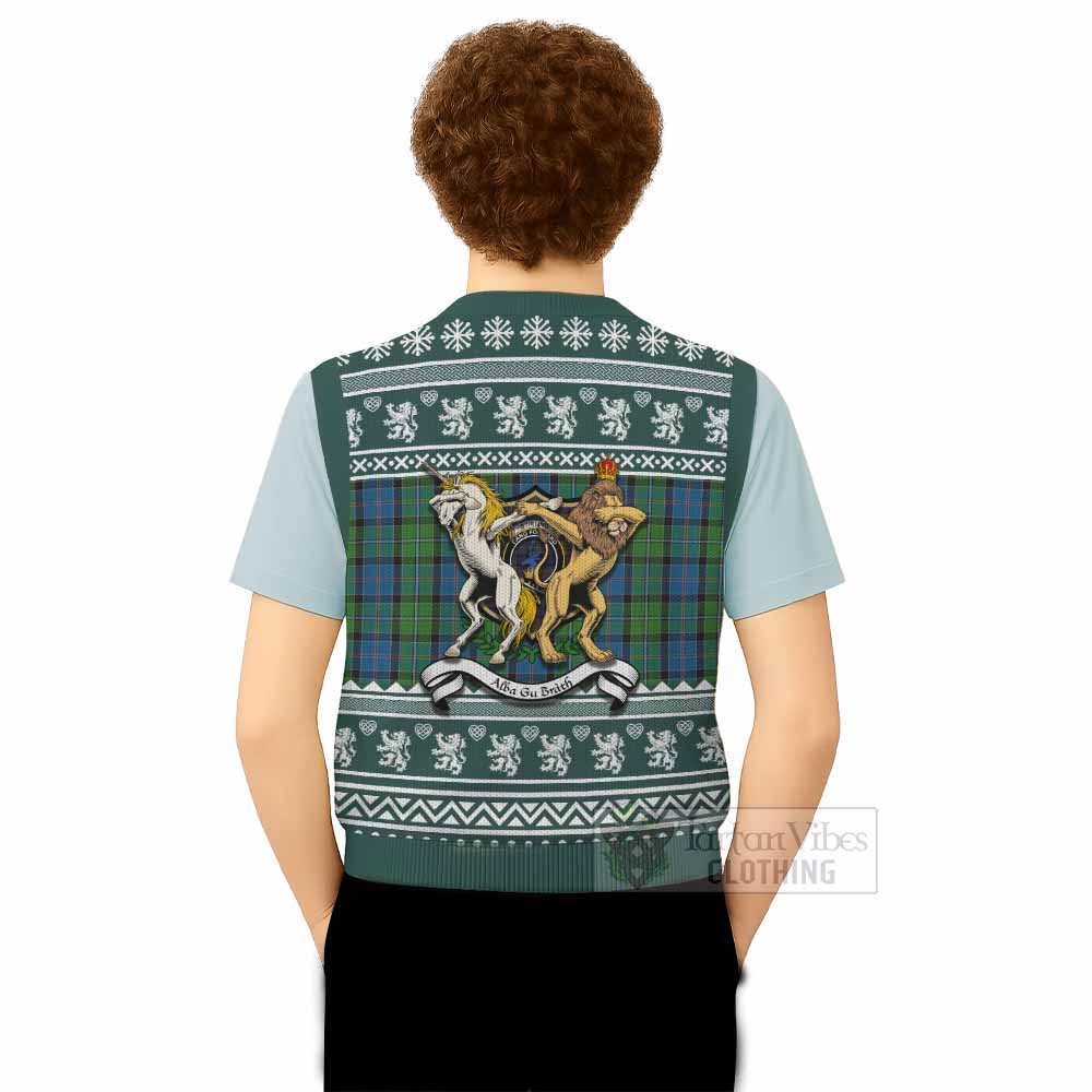 Stirling Clan Tartan Crest Christmas Knitted V-Neck Vest Coat of Arms Funny Style - Tartan Vibes Clothing
